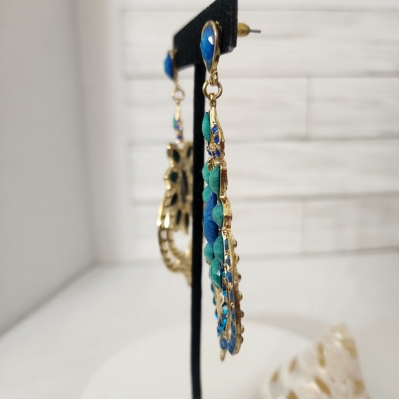 Large Glam Statement Blue Green Earrings - Picture 3 of 9
